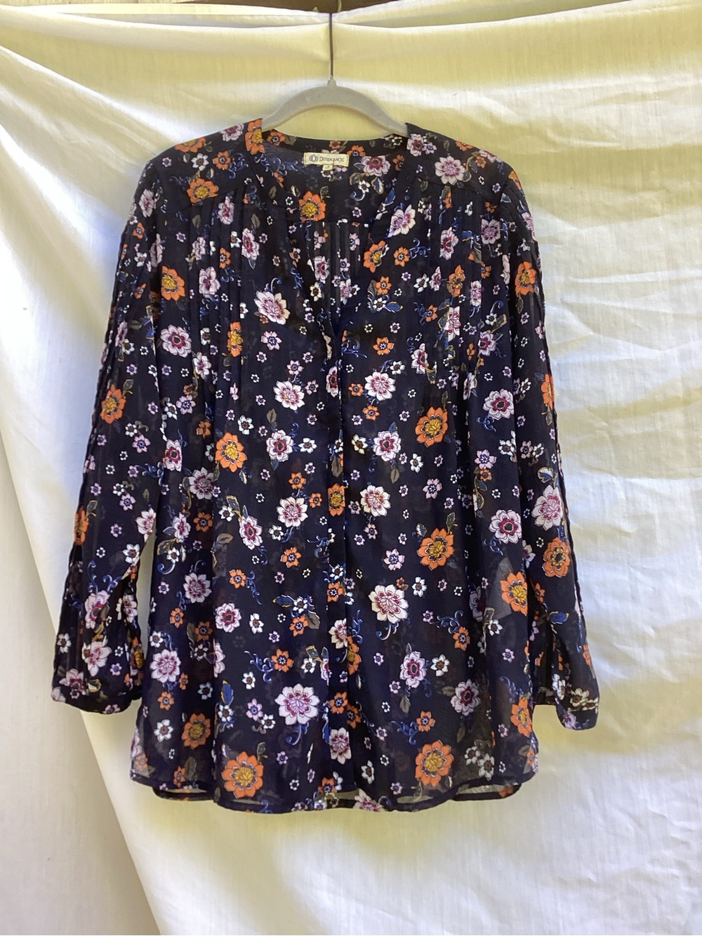 Democracy Navy Floral Button-Front Blouse with Orange and Cream Flowers, size S